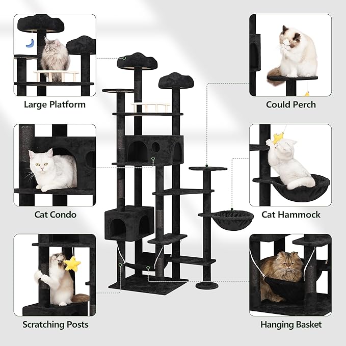 85inch Giant Cat Tree for Heavy Duty Big Cats, Multi-Level Luxury Cat Tower with Scratching Post, Cat Condo with Hammocks & Plush Perches for Indoor Cats Large Adult, Black-PurrikoPets