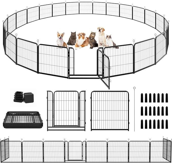Dog Playpen Outdoor Extra Wide 24 Panels Heavy Duty Dog Fence 32" Height Anti-Rust with Doors Portable for RV Camping Yard, Total 63FT, 316 Sq.ft, Snowy Black-PurrikoPets