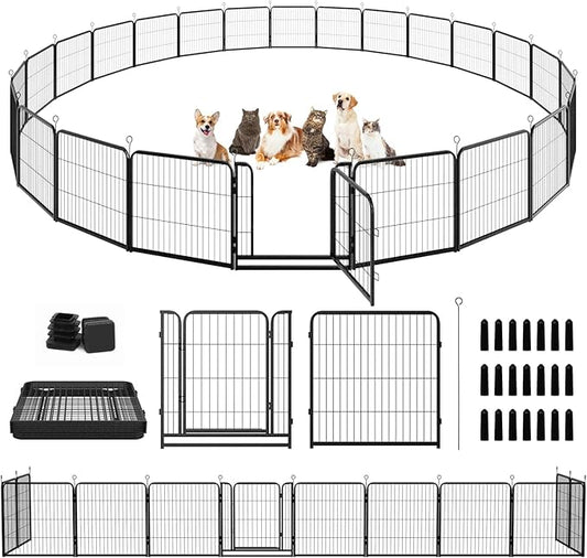 Dog Playpen Outdoor Extra Wide 24 Panels Heavy Duty Dog Fence 32" Height Anti-Rust with Doors Portable for RV Camping Yard, Total 63FT, 316 Sq.ft, Snowy Black-PurrikoPets