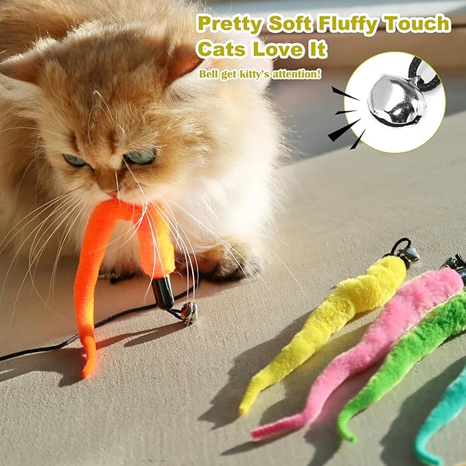 10PCS Cat Worm Toy for Cats, Cat Wand Toy Accessories, Cat Feather Toy Attachments Replacements, and 1PC Black String for Cat Fishing Pole Toy, Assorted Worm Cat Toy Teaser for Indoor Cats Kitten-PurrikoPets
