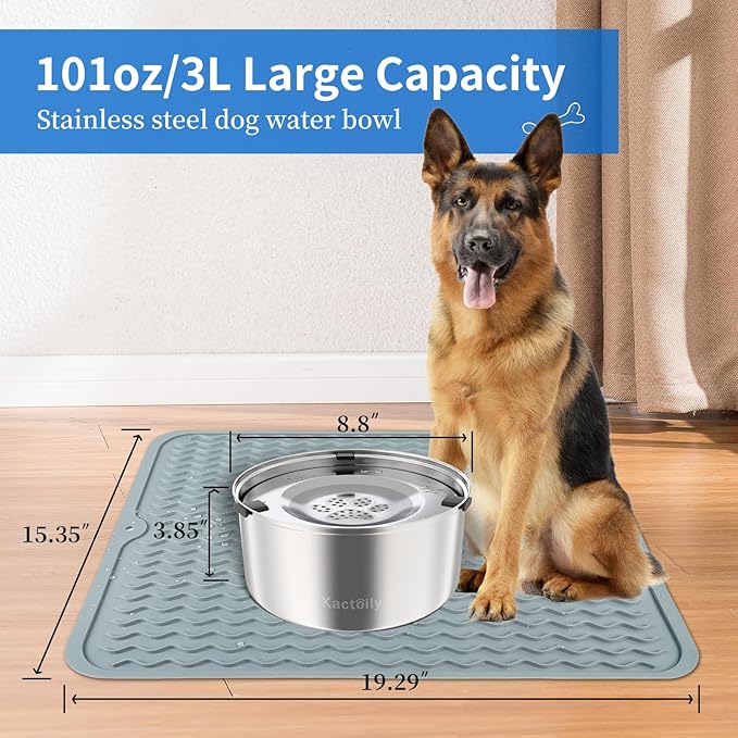 3L Large Capacity Stinless Steel Dog Water Bowl and Waterproof Silicone Dog Food Tray, Slow Down Drinking Pet Water Bowl-PurrikoPets