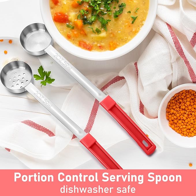 16 Pcs Portion Control Serving Spoons, Restaurant Measuring Serving Ladle Utensils, Portion Control Slotted Scoops for Weight Loss, Solid and Perforated Scoops(Red,2 oz)-PurrikoPets