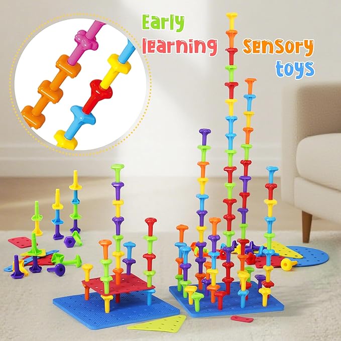 Ggiibro Peg Board Toy set 101Pcs DIY Building Stacking Toys for Kids 3-6 Years Old,STEM Educational Kids Toy for Brain Development,Montessori Sensory Toys,Plastic Lacing String Game-PurrikoPets