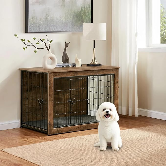 Dog Kennel Furniture, Wooden Dog Crate End Table, Heavy Duty Dog Crate, Decorative Pet Crate Dog Cage for Large Indoor Use (Rustic Brown) 27" L×20" W×23" H-PurrikoPets