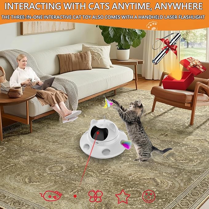 3-in-1 Cat Laser Toy & Interactive Automatic Motion-Activated Kitten Toy – 6 Holes Whack-A-Mole Feather & Moving Ambush Fun – USB Rechargeable, Apply to – Indoor Exercise for Cats of All Breeds-PurrikoPets