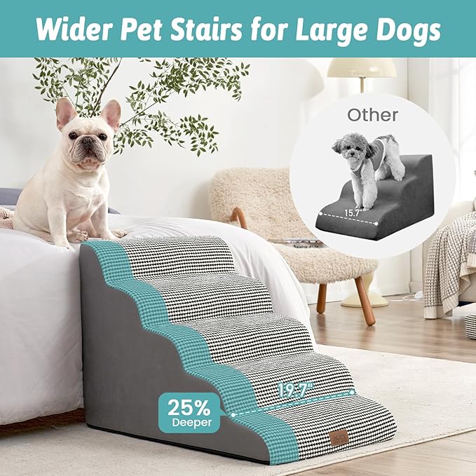 Extra Wide Dog Stairs 19.7" Width, Large Pet Step for Small Medium Dog, Puppy or Cat, Ramp for High Bed or Car, High Density Foam Ladder, Stable, 5 Step, 19.7x33x22.4 inch, White Black-PurrikoPets