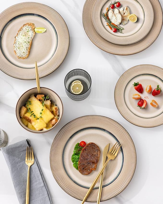 GBHOME Ceramic Dinnerware Sets,12 pcs Embossed Elegant Stoneware Plates and Bowls Sets, Housewarming Wedding Gift | Dishwasher & Microwave Safe | Dishes Set Service for 4-PurrikoPets