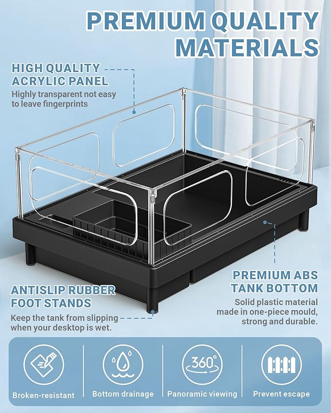 GOZILLA Small Turtle Tank Kit(Tank+Lamp+Filter), Acrylic Turtle Starter Kit with Adjustable Lamp, Reptile Habitat and Terrarium with Multi-Functional Areas for Small Reptiles. (Black Kit)-PurrikoPets
