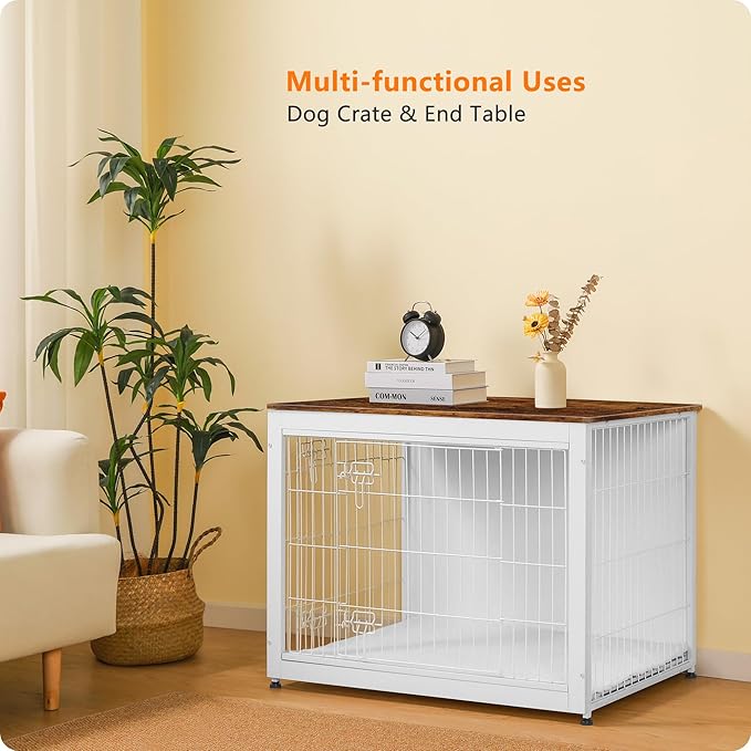 DWANTON Dog Crate Furniture with Cushion, Wooden Kennel Table with Double Doors, Indoor Dog House, Large Size, 38.5" L, White+Rustic Brown-PurrikoPets