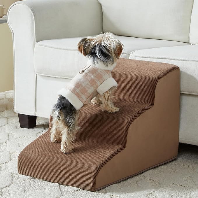 Dog Stairs for Small Dogs, 3-Steps Dog Ramp for Bed and Couch, Pet Stairs with Highly Supportive Foam and Non-Slip Bottom, Pet Steps for Cat & Doggie (High 15.7 Inch)-PurrikoPets