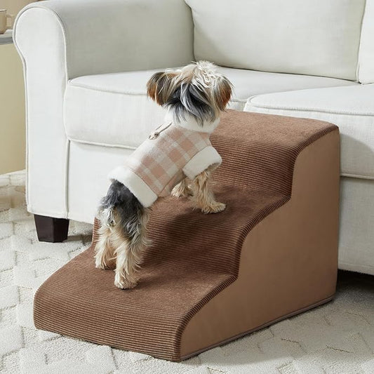 Dog Stairs for Small Dogs, 3-Steps Dog Ramp for Bed and Couch, Pet Stairs with Highly Supportive Foam and Non-Slip Bottom, Pet Steps for Cat & Doggie (High 15.7 Inch)-PurrikoPets