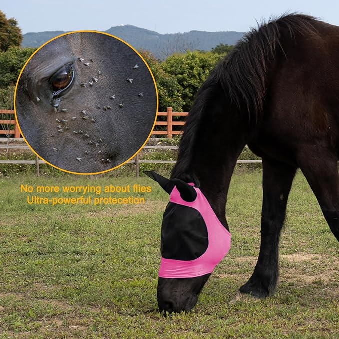 2 Piece Horse Fly Mask with Ears, Comfortable Fit Stretch Fabric Big Eye Space Soft Breathable with UV Protection for Full Horses (Blue-Pink)-PurrikoPets