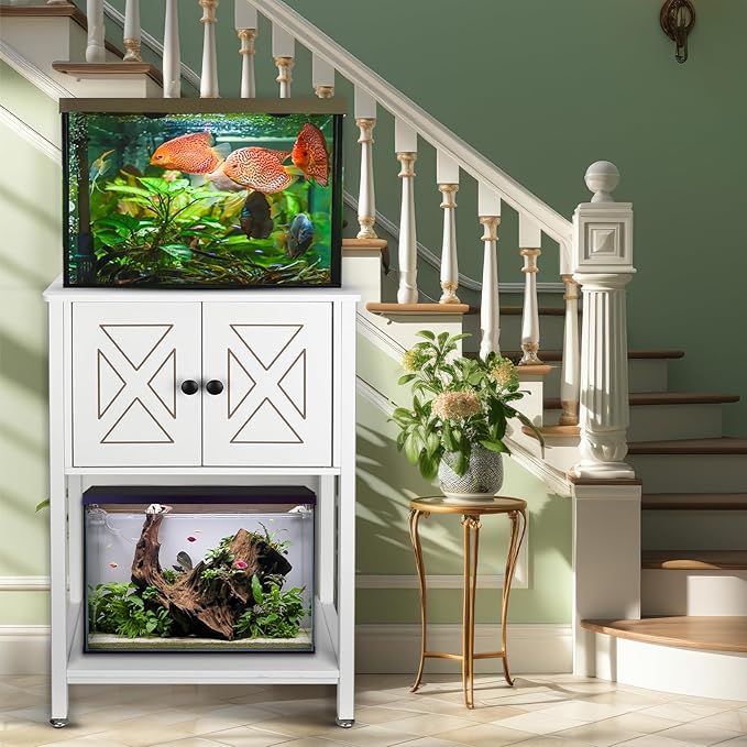 5-10 Gallon Fish Tank Stand, Heavy Duty Aquarium Stand with Cabinet & Power Outlets for Fish Tank Accessories Storage, Double Reptile Terrarium Stand 20.5" L* 11" W Tabletop, White-PurrikoPets