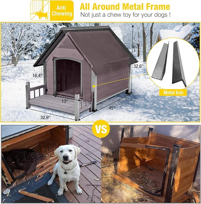 Aivituvin Dog House Outdoor with Metal Frame, Insulated Dog Kennel Outside for Small to Medium Breed, 45" Weatherproof Large Dog Shelter with Anti-Chewing Iron Frame, Grey (45" D x 32.9" W x 32.6" H)-PurrikoPets