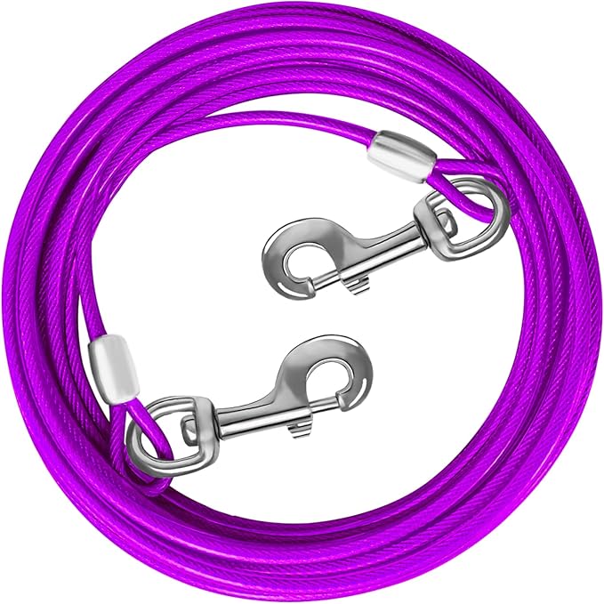 Dog Tie Out Cable 10/15/20/25/30 FT Runner for Yard Steel Wire Cable with Durable Superior Clips Purple Chains for Outside Dog Lead for Large Up to 165 Lbs-PurrikoPets