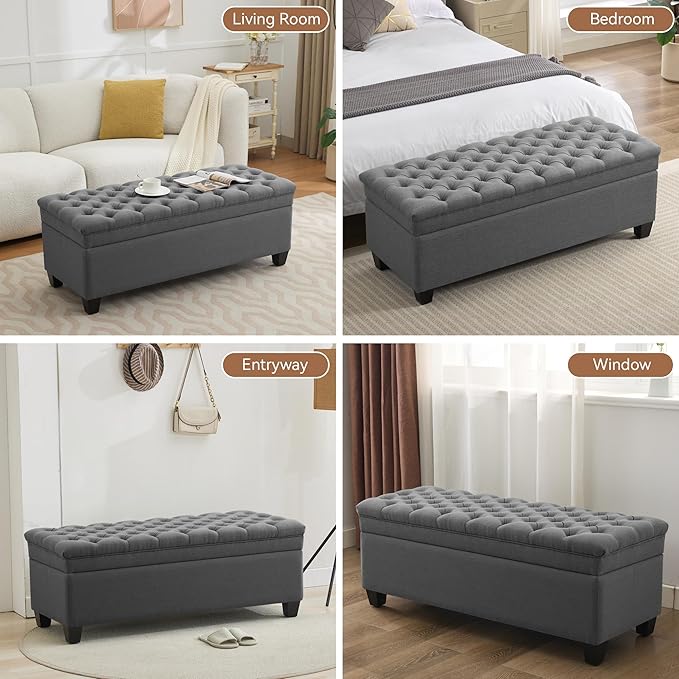 51" Fabric Storage Ottoman Bench, Upholstered Rectangle End of Bed Storage Ottoman Tufted Living Room Bedroom Bench with Safety Hinge, Solid Wood Legs, Loads 500 lb(Dark Grey)-PurrikoPets