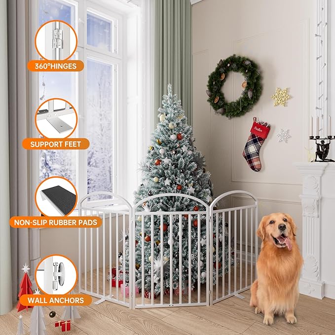 3 Panles Full Matel Freestanding Dog Gates with Door, 72"Extra Wide 32"Tall Free Standing Dog Pet Gate for Indoor & Outdoor. Foldable Pet Fences for Doorways, House, Stairs, Porch, Deck, Yard-PurrikoPets