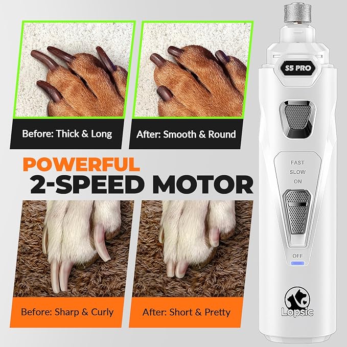 Dog Nail Grinder with 2 LED Lights Powerful 2 Speeds Super Quiet Dog Nail Trimmers with 3 Grinding Wheels Rechargeable Pet Dog Nail Clippers for Large Medium Puppy Dogs Dog Nail File Cat Nail Clipper-PurrikoPets