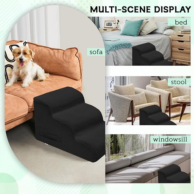 Dog Steps for Small Dogs, 4-Step Pet Ramp Stairs for High Beds and Sofa, Non-Slip Pet Stairs for Small Dogs and Cats, Removable and Easy to Clean Cover, Black-PurrikoPets