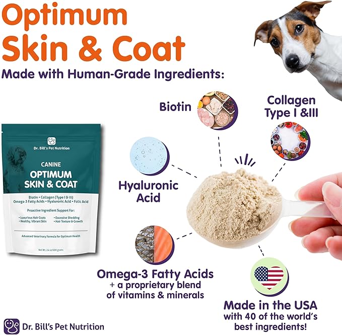 Dr. Bill's Canine Optimum Skin & Coat – Reduces Shedding, Itching, Dry Skin – Allergy Relief for Healthy Fur - Omega 3, Collagen, Biotin & Hyaluronic Acid – 680g Vet-Recommended Dog Supplement-PurrikoPets