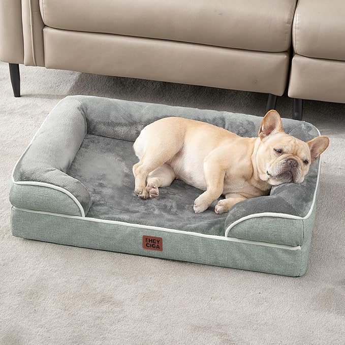 EHEYCIGA Orthopedic Dog Beds for Large Dogs, Waterproof Memory Foam Large Pet Bed with Sides, Non-Slip Bottom and Egg-Crate Foam Dog Couch Bed with Washable Removable Cover, Greyish Green-PurrikoPets