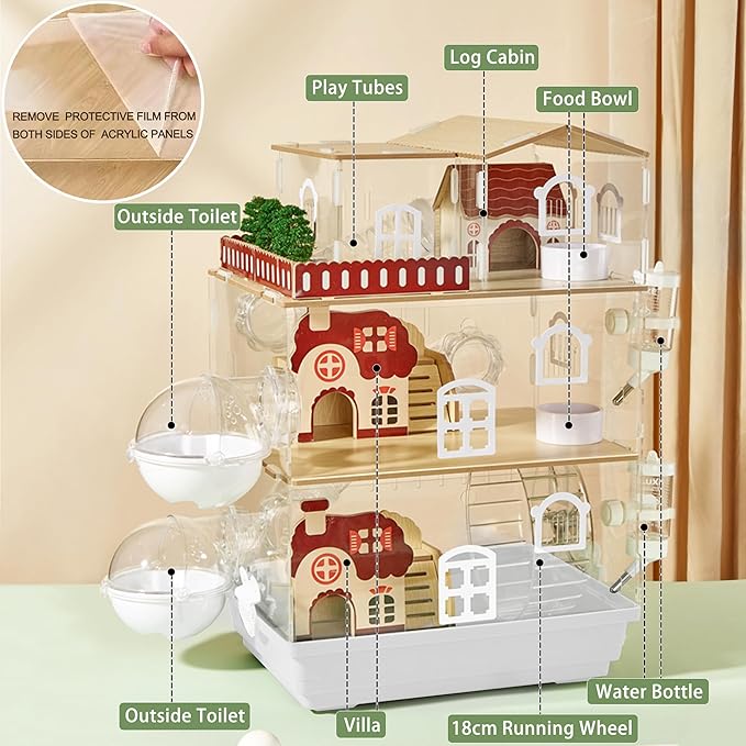17 in 1 Clear Acrylic Hamster Cage with All Accessories,13.5''L* 10''W* 21''H Dwarf Hamster Cage,Magnetic Connection Small Hamster Enclosure,Garden Style Wooden Mouse Cage for Pet Mice(3-Layer,White)-PurrikoPets