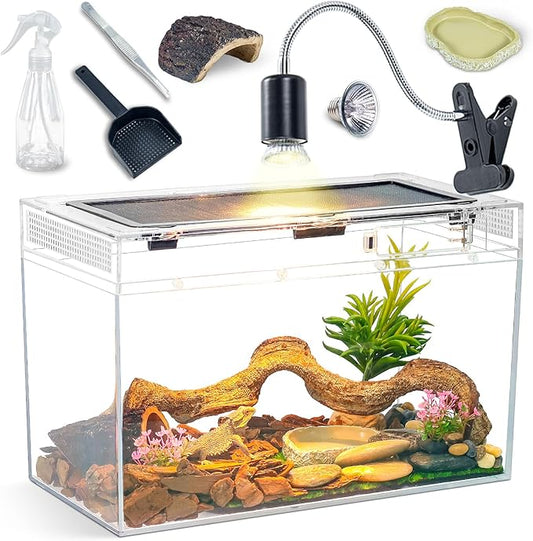 16×10×8'' Reptile Tank Kit with Heat Lamp, Spray Bottle, Shovel, Tweezers, Food Bowl, Hideout -Perfect for Geckos, Bearded Dragons, Snakes, Lizards, Turtles 360° Viewing, PC Glass-PurrikoPets