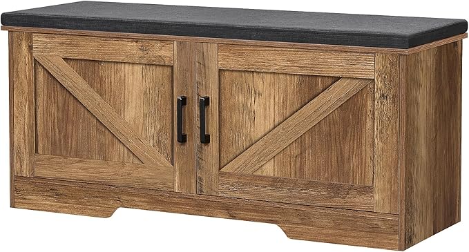 2-Tier Storage Bench, Shoe Bench with Padded Seat Cushion, Entryway Bench with 2 Barn Doors, Adjustable Shelf, 13.8" D x 39.4" W x 17.7" H, for Entryway, Living Room, Bedroom, Rustic Walnut-PurrikoPets