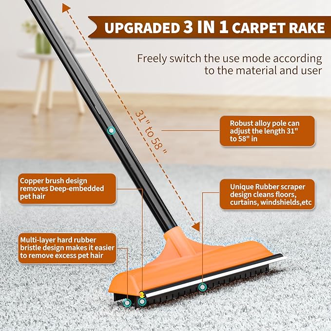 3 in 1 Carpet rake Kit for Pet Hair Removal Tool - Reusable Pet Hair Remover broom w 58"Adjustable Long Handle, Dog & Cat Carpet Scraper, Pet Hair Remover for Rugs, Mats, Couch, Curtains(Orange)-PurrikoPets