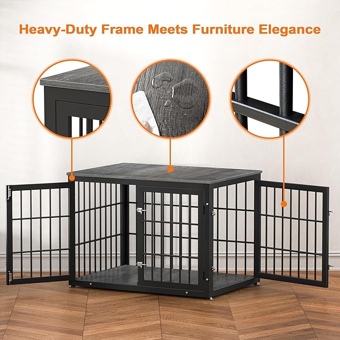 42 Inch Heavy Duty Dog Crate Furniture for Large and Medium Dogs, Decorative Pet House End Table, Wooden Cage Kennel Furniture Indoor, Gray-PurrikoPets