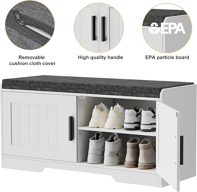 2-Tier Storage Bench, Shoe Bench with Thickened Padded Seat Cushion, Entryway Bench with 2 Doors, Adjustable Shelf, 13.8" D x 37.4" W x 18.5" H, for Entryway, Living Room, Bedroom, White-PurrikoPets