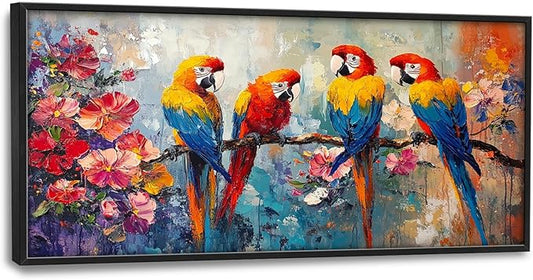 Extra Large Framed Parrot Bird Wall Art,Oversized Abstract Colorful Parrots Flower Wall Decor Pictures for Living Room,Canvas Print Painting Modern Artwork Bedroom Office Bathroom Home Decor 60L x30W-PurrikoPets