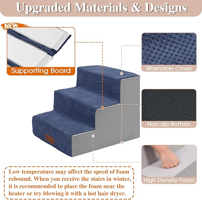 GGIB Dog Stairs for Small Dogs Cats Non-Slip Dog Steps for High Bed Pet Stairs for Sofa Couch Pet Ramp Pet Steps with Removable Washable Cover, 13" H, 3-Step-PurrikoPets