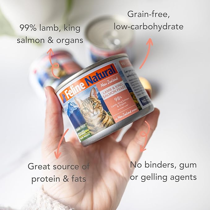Feline Natural New Zealand Canned Catfood Wet Food, High-Meat, Low-Carb, & Grain Free Cat Food Wet, Lamb & Salmon Feast, 6 oz, Pack of 12-PurrikoPets
