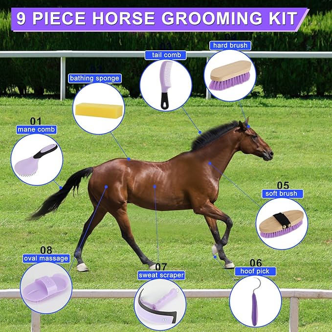 9 Pieces Grooming Kit with Tote Bag, Sweat Scraper, Sponge, Hoof Pick, Curry Comb for Horse Riders Beginners (Purple)-PurrikoPets