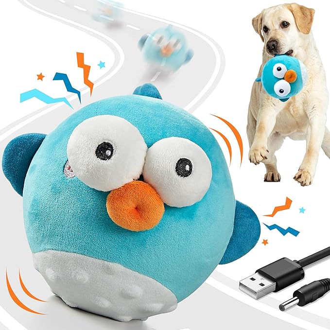 Dog Toys,Rechargeable Crinkle Chew Interactive Squeaky Toy with Jumping Music Moving Ball for Small Medium Large Breed Puppy Toys to Keep Pets Busy (Puffer)-PurrikoPets