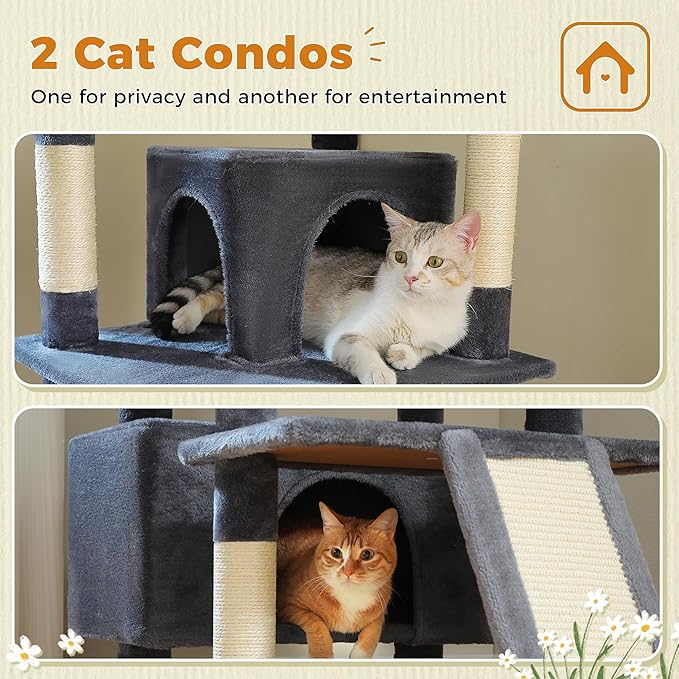 81 Inch Tall Cat Tree for Big Cats & Multi-Cat Homes, Large Heavy Duty Cat Tower with Metal Frame Hammock, 6 Scratching Posts, 2 Condos, 2 Perches, Scratching Pad - Dark Grey-PurrikoPets