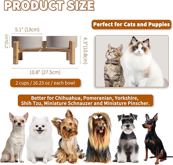 Elevated Ceramic Dog Bowl Set - Raised Feeding Bowls with Non-Slip Bamboo Stand - Small Pet Dishes for Food and Water - Ideal for Cats and Puppies - 16.23 OZ - 2 Cups - 480 ML-PurrikoPets