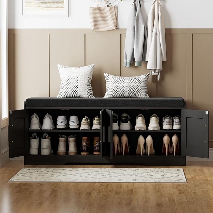 2-Tier Storage Bench, Shoe Bench with Thickened Padded Seat Cushion, Entryway Bench with 4 Doors, Adjustable Shelf, 13.8" D x 45.3" W x 18.5" H, for Entryway, Living Room, Bedroom, Black-PurrikoPets