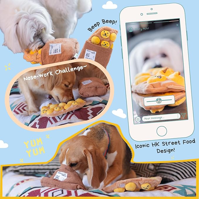 Egg Puff/Waffle 2-in-1 Nose-Work Soft Plush Squeaky Dog Toy - Durable, Cute & Fun HK Gift for Interactive Bonding Time, Hide Chew Sticks & Food for Puzzle Play, Small Medium Dogs-PurrikoPets