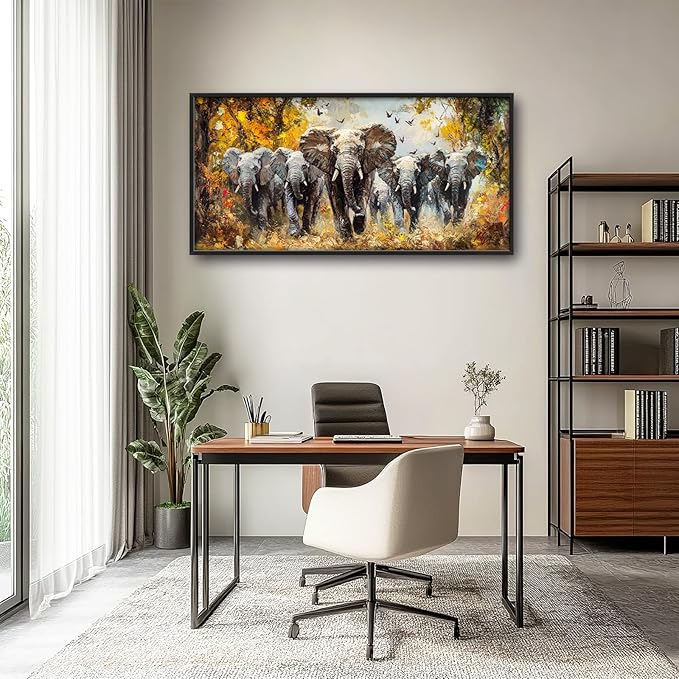 Extra Large Elephant Framed Wall Art for Living Room,Oversized Elephants Wild Animal Pictures Wall Decor,Forest Landscape Canvas Print Painting Modern Artwork Bedroom Office Bathroom 60L" x 30W"-PurrikoPets