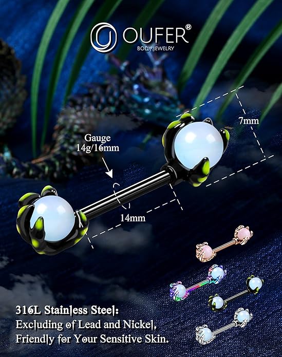 OUFER 14G Nipple Rings - 316L Surgical Steel Piercing Jewelry, 2PCS Pink Opals Surrounded by Dragon Claws Barbell