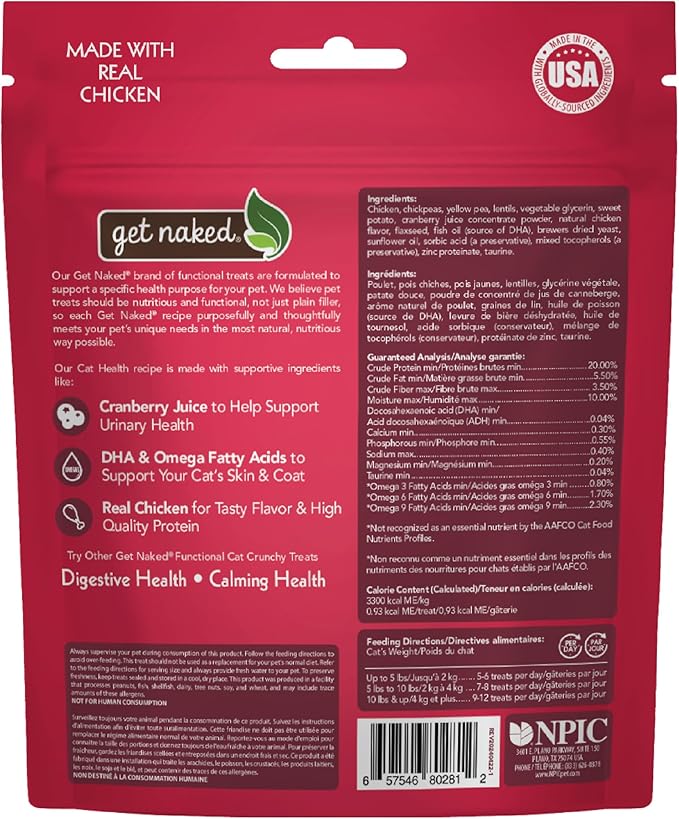 Get Naked Urinary Cat Health Treats with Cranberry & Real Chicken 6oz | Crunchy, Grain-Free, Natural Urinary Tract & Dental Care | Supports UT Support & Fresh Breath | Made in The USA-PurrikoPets