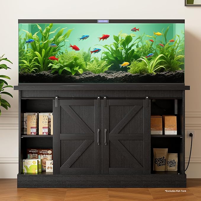 Fish Tank Stand Up to 75 Gallon, Aquarium Stand with Sliding Barn Doors & Power Outlet, Black Farmhouse Style Stand with Cabinet Storage for Fish Tank, Turtle Tank, Reptile Terrarium,1000LBS Capacity-PurrikoPets