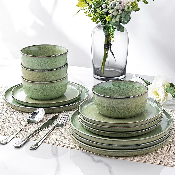 GBHOME Ceramic Dinnerware Sets for 8, 24 Pieces Stoneware Plates and Bowls Sets, Scratch Resistant Dishes, Dishwasher & Microwave Safe-Pastel Green-PurrikoPets