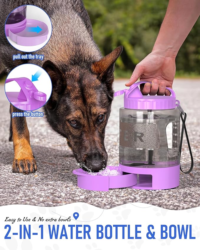 77oz Dog Travel Water Bottle, Large Portable Dog Water Bowl Dispenser, Leakproof Pet Drinking Bottle Dispenser for Hiking Camping Walking Travelling Beach Car Trips, No Spill, BPA Free,Purple-PurrikoPets