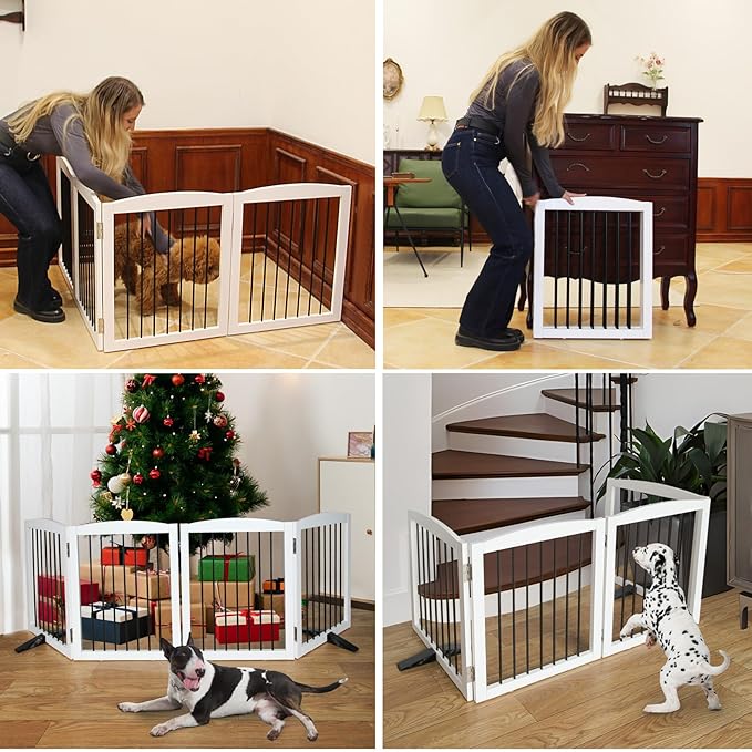 Freestanding Panel Dog Gate for Indoor, Doorways,Stairs, or Hallways,Foldable Wooden Dog Gates for House,Pet Gate for Dogs,Dog Fence, Puppy Gate,Support Feet Included,32 "Height-6 Panels,White-PurrikoPets