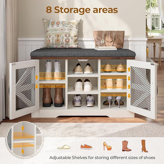 Farmhouse Storage Bench with Cushion, Metal and Wood Shoe Rack Organizer, Adjustable Shelf, Shoe Cabinet with Half Hidden Storage Space, for Entryway, Bedroom, Living Room (Old White, 31.4in)-PurrikoPets