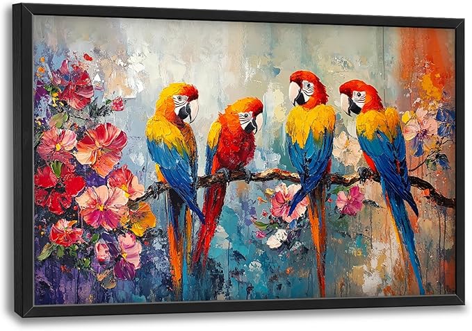 Extra Large Framed Parrot Bird Wall Art,Oversized Abstract Colorful Parrots Flower Wall Decor Pictures for Living Room,Canvas Print Painting Modern Artwork Bedroom Office Bathroom Home Decor 36L x24W-PurrikoPets