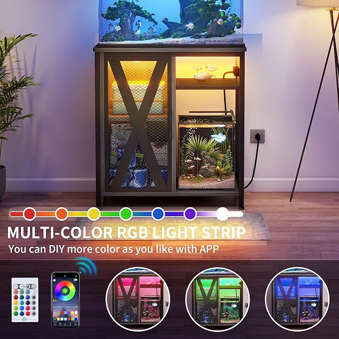 DWVO 20-29 Gallon Aquarium Stand with Power Outlets & LED Light, Cabinet for Fish Tank Accessories Storage - Metal Fish Tank Stand Suitable for Turtle Tank, Reptile Terrarium, 350LBS Capacity, Grey-PurrikoPets